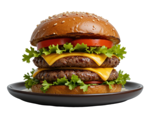 close up view of burger or hamburger isolated on transparent or white background. burger filled with meat, cheese and vegetables