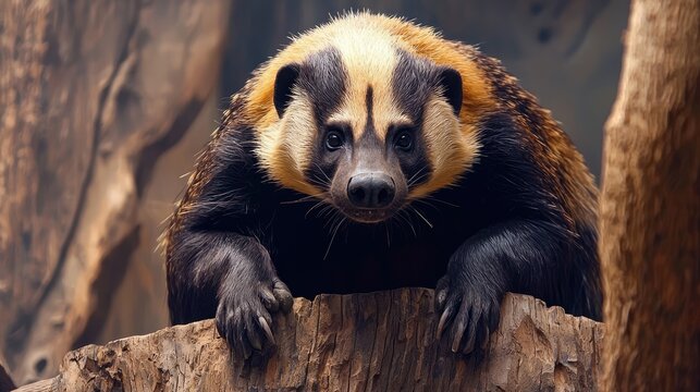 A close-up of a honey badger perched on a log in a natural habitat, showcasing its curious demeanor - Powered by Adobe