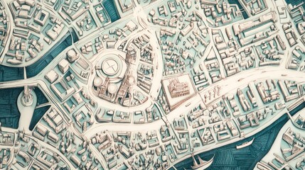 Aerial view of a city model, showing streets, buildings, and waterways.