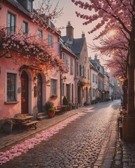 Fototapeta premium Street cafe. Trendy spring landscape. Quiet city street with blooming pink trees. 