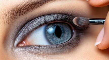 Naklejka premium Close-up of a woman's eye with silver eyeshadow being applied with a brush.