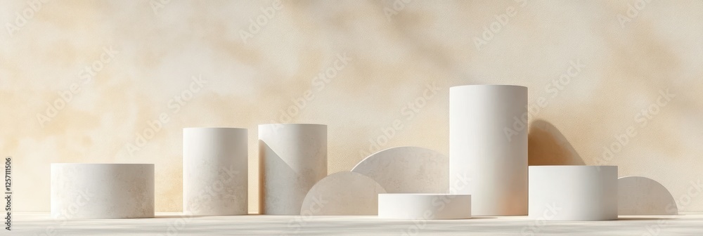 Poster Minimalist Product Display Scene with White Cylindrical Shapes on Soft Beige Background 3D Rendering