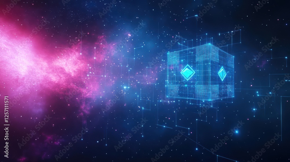 Poster colorful space scene featuring a nebula and a geometric cube in the foreground
