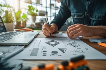 Creative Graphic Designer Sketching Geometric Shapes in Modern Workspace