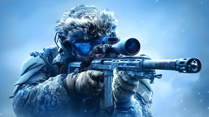 Soldier aiming sniper rifle, snowy background
