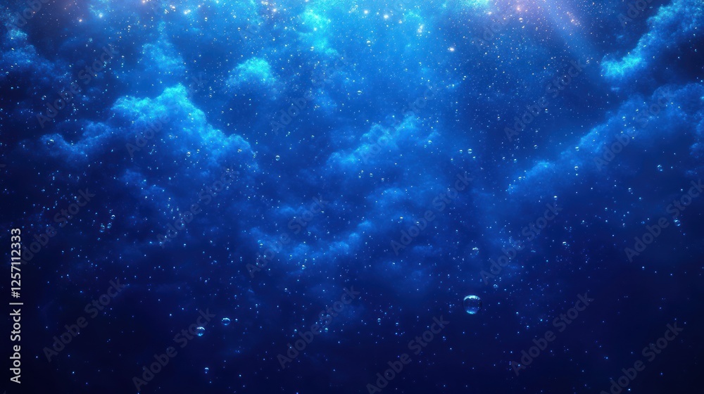 Poster serene underwater scene soft blue light floating particles bubbles impressionism depth ethereal beau