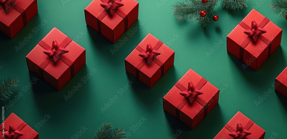 Aufkleber red gift boxes on green background minimalistic 3d rendering