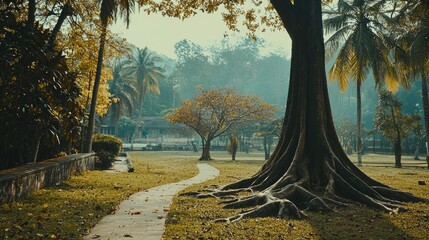 Serene park scene with a winding path, vibrant trees, and a tranquil atmosphere in the background