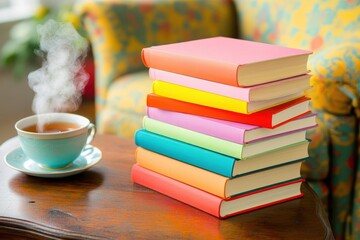 Naklejka premium Stack of books with a steaming cup of coffee on a wooden table in a cozy reading environment