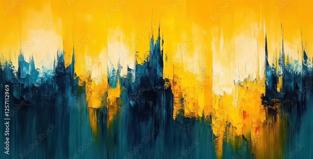Aufkleber Vibrant Abstract Expressionist Painting in Yellow and Blue with Dynamic Movement and Texture