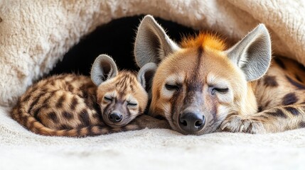 A mother hyena peacefully sleeping with her spotted cub in a cozy den, surrounded by soft bedding