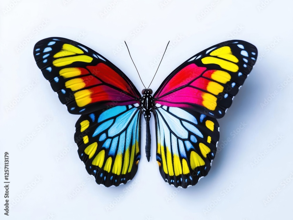 Poster colorful butterfly resting on a white background displaying detailed wing patterns and vibrant color
