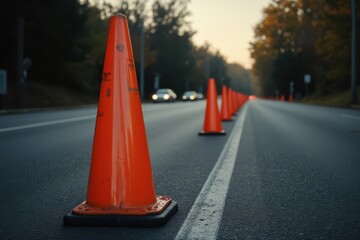 orange traffic cones on the side of a road