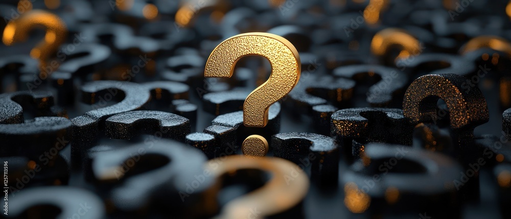 Poster golden question mark centered above black question marks in 3d illustration