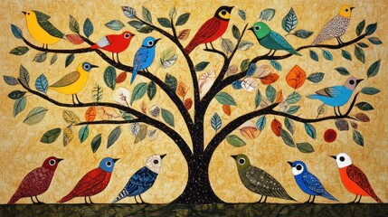 Colorful birds perched on a vibrant tree. (1)