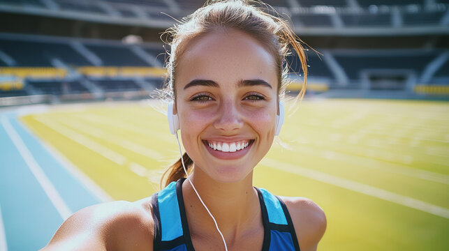 Sporty woman taking a selfie while exercising at the stadium, generative AI