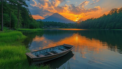 Obraz premium Serene Sunset Over Mountain Lake With Rowboat