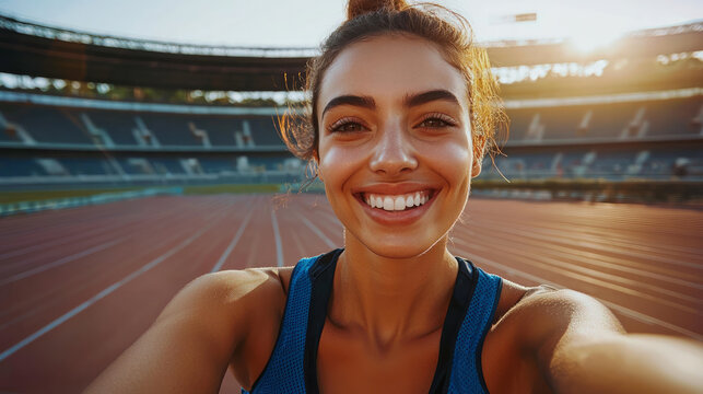 Sporty woman taking a selfie while exercising at the stadium, generative AI - Powered by Adobe