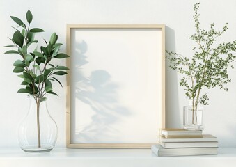 Minimalist Interior Mockup with Horizontal Frame Soft Light Green Plant Simple Decor