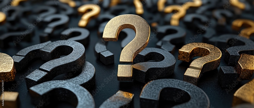 Poster golden centered question mark arrangement surrounded by black symbols in 3d