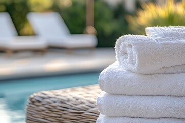Stack of fresh white towels by a poolside at sunset
