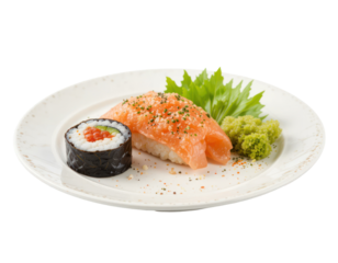 close up of sushi pieces. A typical Japanese food made from rice wrapped in nori with various kinds of fillings. isolated on transparent or white background