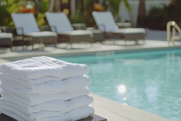Stack of fresh white towels by a poolside at sunset