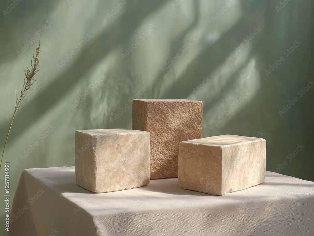 Poster Minimalist Still Life Composition with Textured Blocks on Beige Surface for Product Display