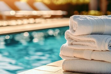 Stack of fresh white towels by a poolside at sunset
