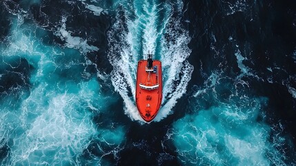 Aerial View of Red Tugboat Sailing on Rough Ocean Water Dramatic Waves