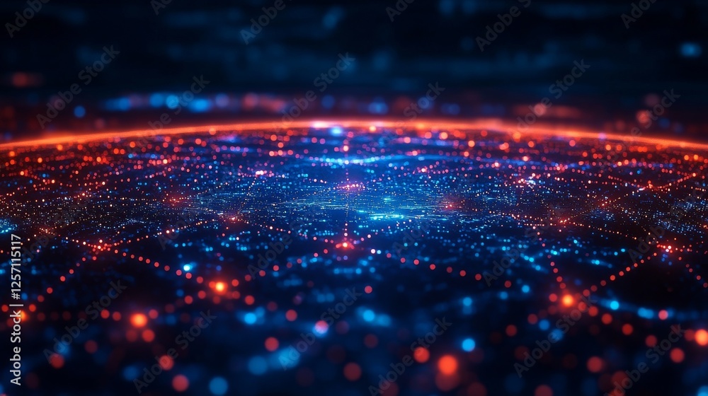 Poster Abstract Network Horizon: Interconnected Dots of Light with Glowing Red and Blue Data Streams Across a Dark Background