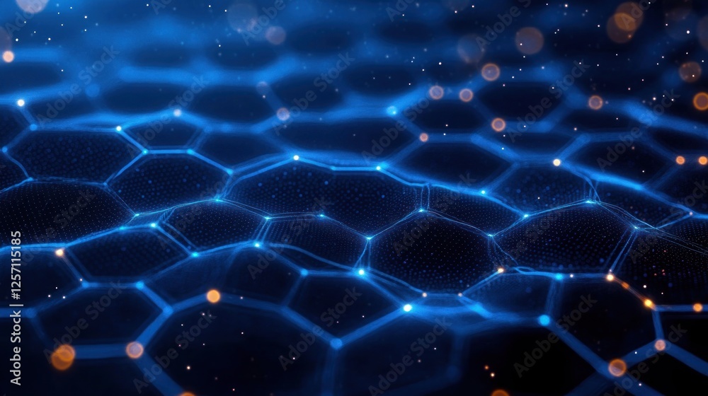 Fototapete futuristic abstract hexagonal grid with soft blue backlighting and light reflections