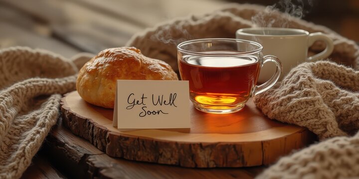 get well soon card with tea and croissant