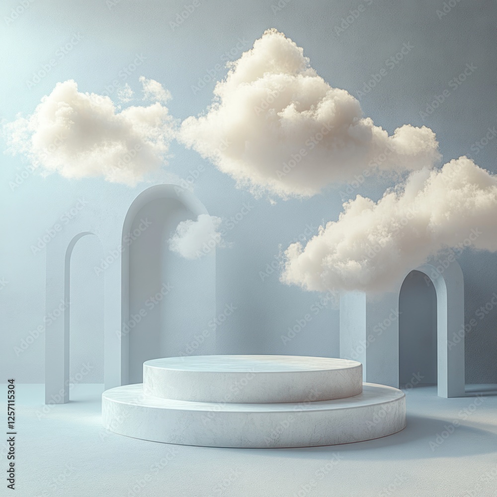 Poster Minimalist Abstract Floating Platform Scene with Clouds for Product Display