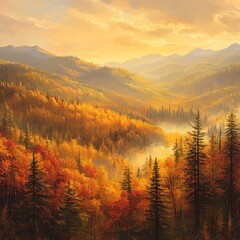 Fototapeta premium Autumn sunrise over misty mountain valley