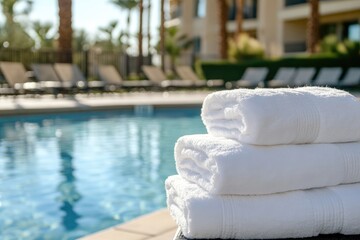 Stack of fresh white towels by a poolside at sunset