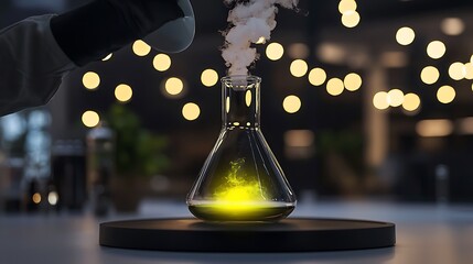 Scientist conducting an experiment with a glowing yellow liquid in a laboratory setting, with blurred lights in the background
