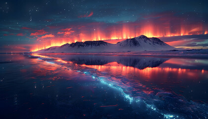 Naklejka premium Illustration - Aurora Borealis, Mountains, Reflection, Night Sky, Winter Landscape