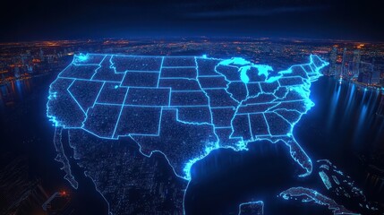 Futuristic Digital Map of United States with Neon Lights and Cyberpunk Style from Aerial Perspective