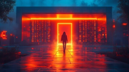 Obraz premium A Cyberpunk Wanderer: Woman Walking Towards a Glowing Neon Portal in a Dystopian Cityscape, Bathed in Red and Blue Hues.
