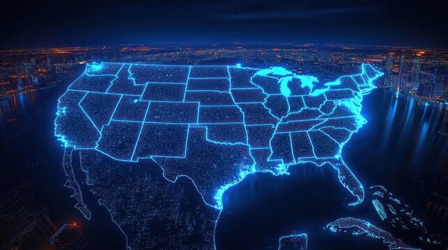 Futuristic Digital Map of United States with Neon Lights and Cyberpunk Style from Aerial Perspective