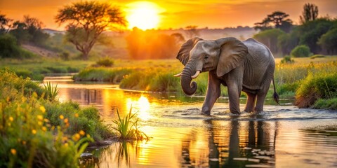Fototapeta premium Majestic Elephant Walking Through Serene River at Sunset in Africa