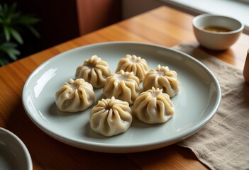 Aromatic Fresh Dumplings: Close-Up View on Wooden Table with Soft Warm Light, Showcasing Plump Shapes and Visible Filling, Perfect for Culinary Advertising and Recipe Books.

