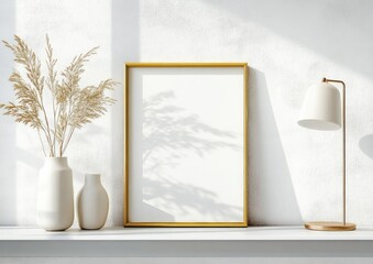 Minimalist Interior Scene with Gold Frame on White Shelf Elegant Vases and Desk Lamp Natural Light Scandinavian Design