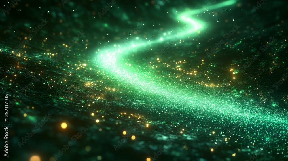 Poster a glowing green river of light flows through a dark, sparkling landscape, illuminating a magical and