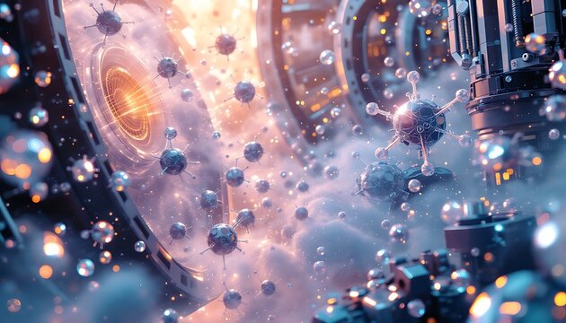 Abstract Molecules Floating Within Futuristic Machinery with Glowing Light