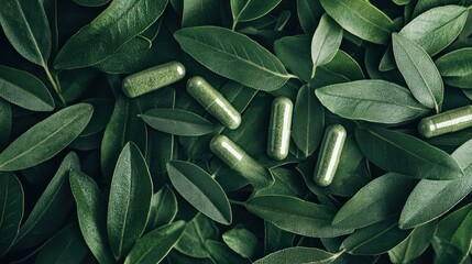 Green herbal capsules on lush leaves.