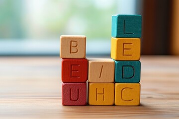 Colorful Wooden Alphabet Blocks in Playful Arrangement on Wooden Table