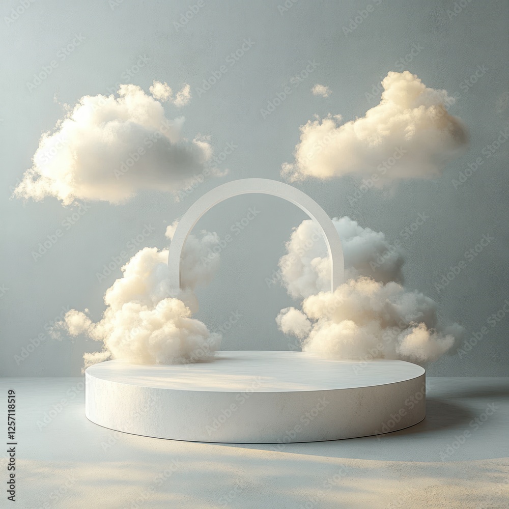 Poster Minimalist Floating Platform with Clouds for Product Display Scene