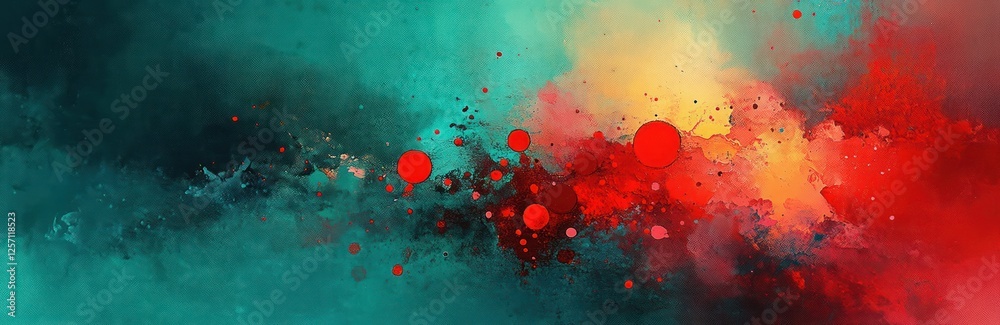 Poster Vibrant Abstract Watercolor Artwork with Bold Red and Teal Splashes and Dynamic Layers of Color